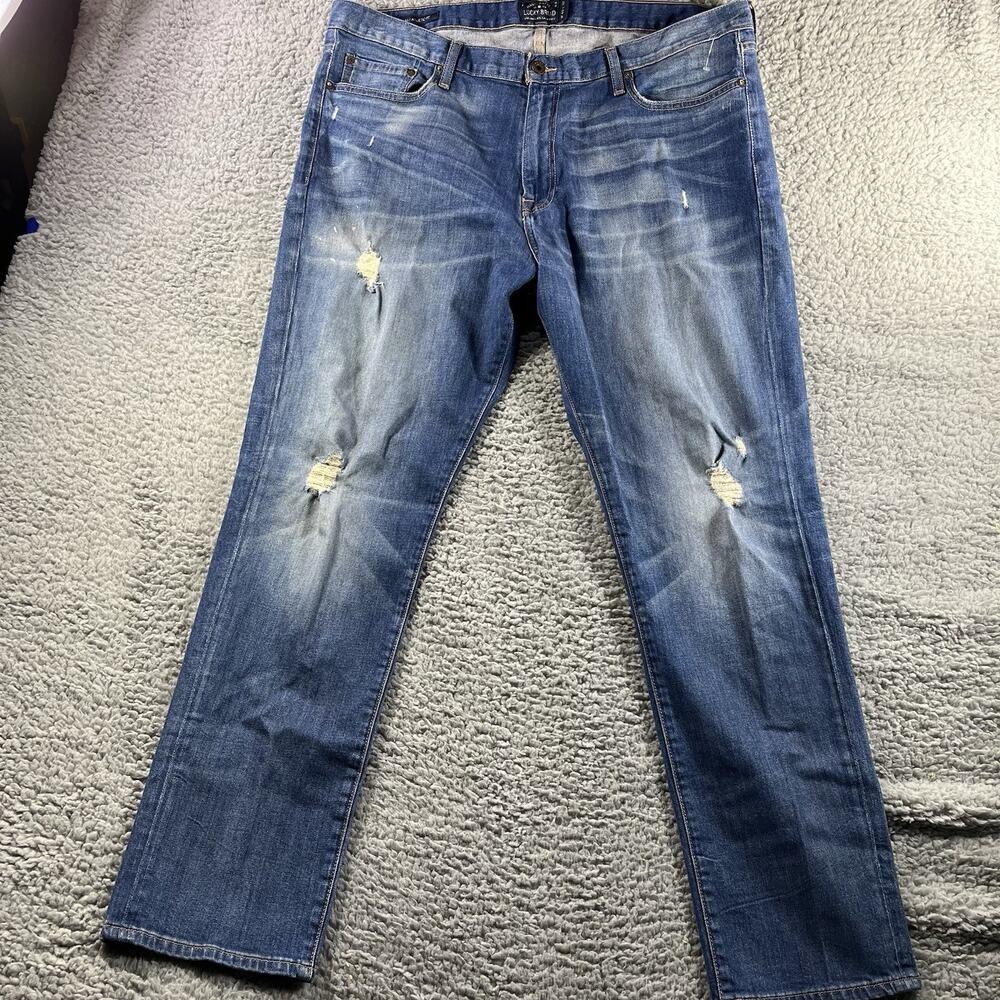 Lucky Brand 410 Athletic Fit Jeans Men's 40x32 Blue Distressed Stretch Denim